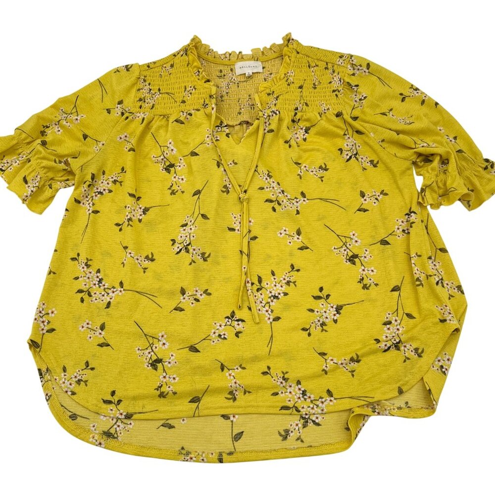 MELLODAY Yellow Floral Smocked Neck Blouse Short Sleeve Stretch Top Size Small‎